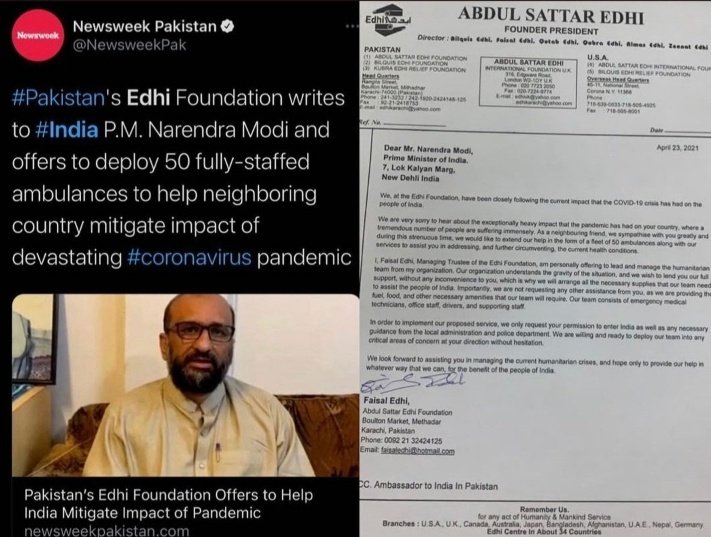 Edhi Foundation offers India help, ASK PM modhi to open border for ambulance
